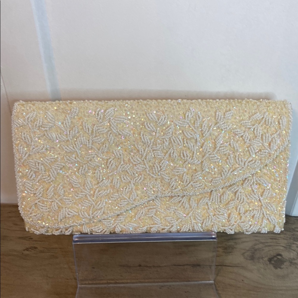 Cream Intricate Beaded Clutch - East West